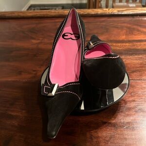 ESCADA Suede Kitten Heels with Buckle and Pink Stitching